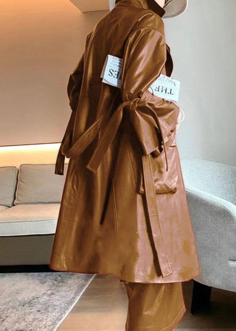 Elegante Carmel Tie Midjelommer Faux Leather Trench Coat Flare Sleeve - Trenchcoats for kvinner