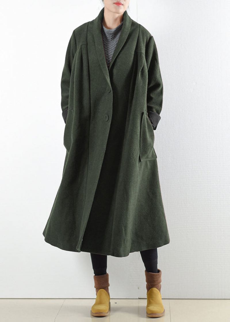 Elegante Grønne Lommer Med Hakk I Ull Trench Coats Langermet