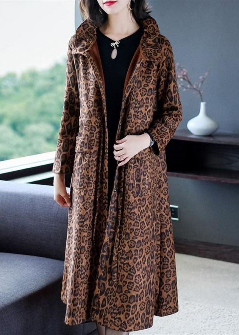 Elegante Leopardlommer Patchwork Varm Fleecegrøft Vinter - Trenchcoats for kvinner