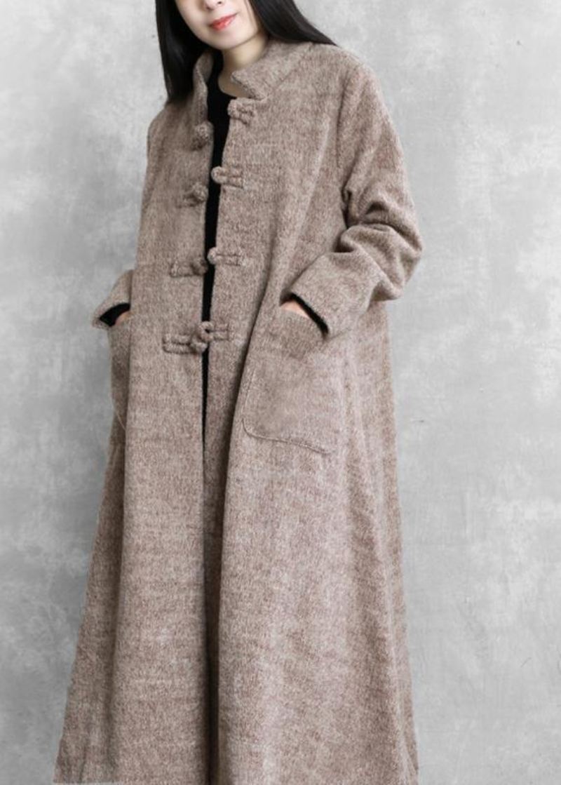 Elegante Plus Size Lange Jakker Kvinner Kåper Khaki Stativ Krage Stor Hem Ull - Trenchcoats for kvinner