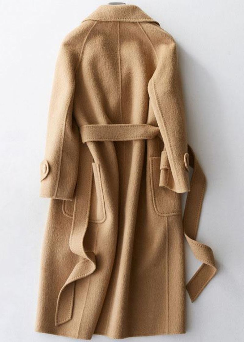 Elegante Plussize Klær Lange Jakker Jakkeslag Krage Kvinner Kåper Khaki Slips Midje Ull Overtrekk - Trenchcoats for kvinner