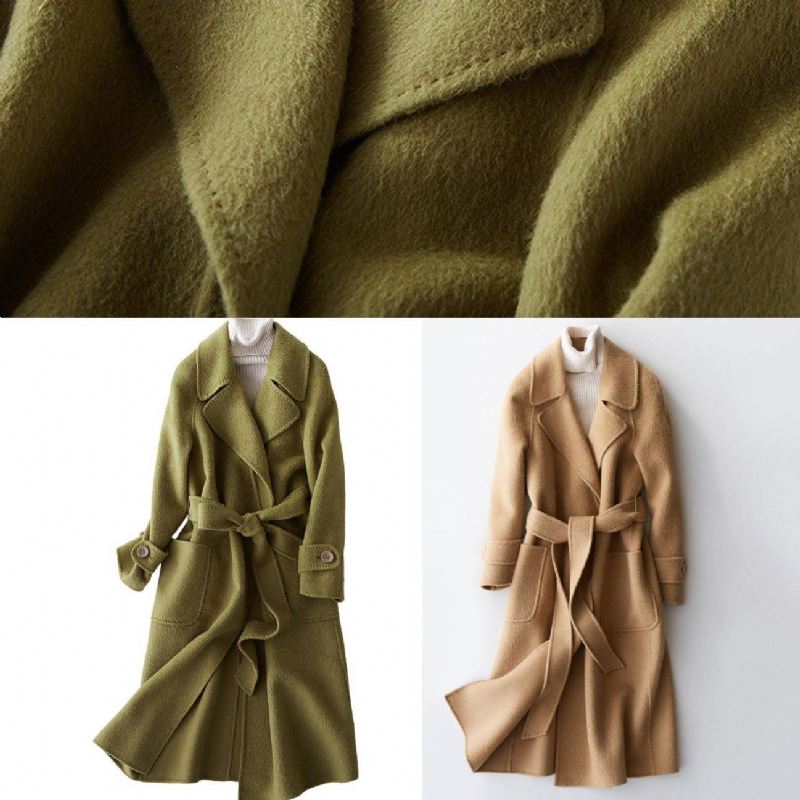 Elegante Plussize Klær Lange Jakker Jakkeslag Krage Kvinner Kåper Khaki Slips Midje Ull Overtrekk - Trenchcoats for kvinner