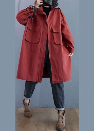 Elegante Røde Stativ Krage Glidelåslommer Fall Langermet Trench Coats