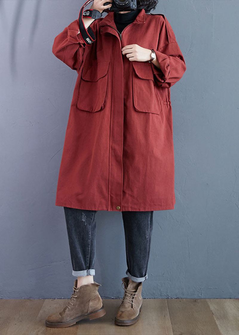 Elegante Røde Stativ Krage Glidelåslommer Fall Langermet Trench Coats - Trenchcoats for kvinner