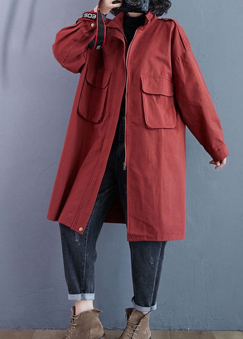 Elegante Røde Stativ Krage Glidelåslommer Fall Langermet Trench Coats - Trenchcoats for kvinner