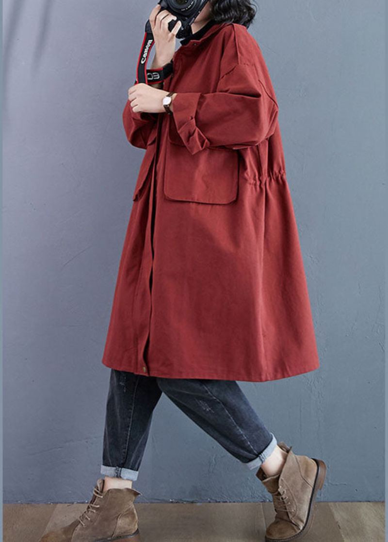 Elegante Røde Stativ Krage Glidelåslommer Fall Langermet Trench Coats - Trenchcoats for kvinner