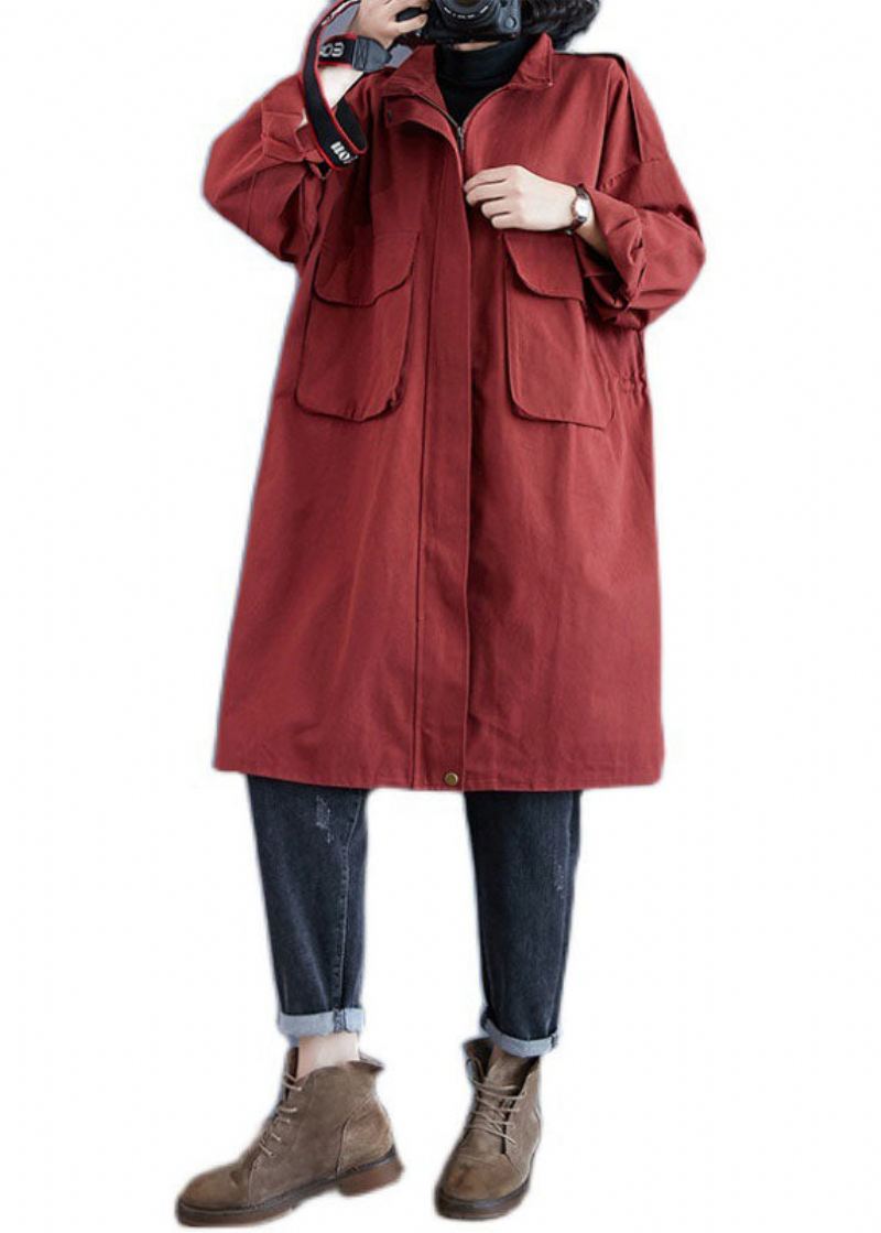 Elegante Røde Stativ Krage Glidelåslommer Fall Langermet Trench Coats - Trenchcoats for kvinner