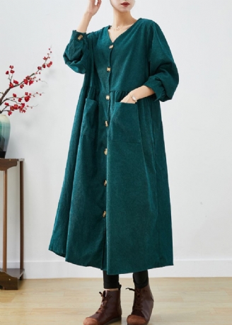 Elegante Svartgrønne Overdimensjonerte Lommer Corduroy Trench Fall