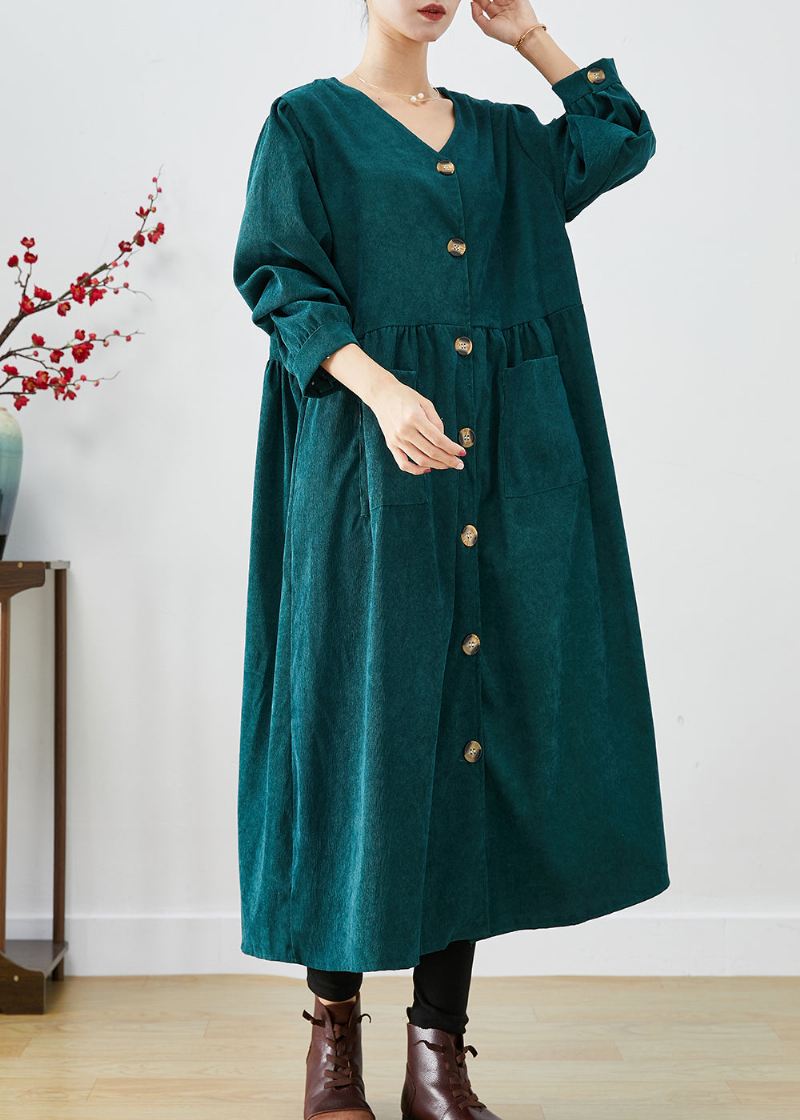 Elegante Svartgrønne Overdimensjonerte Lommer Corduroy Trench Fall - Trenchcoats for kvinner