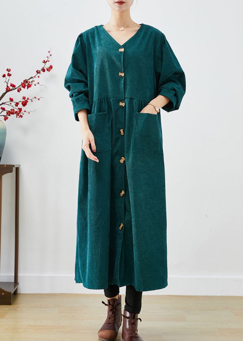 Elegante Svartgrønne Overdimensjonerte Lommer Corduroy Trench Fall - Trenchcoats for kvinner