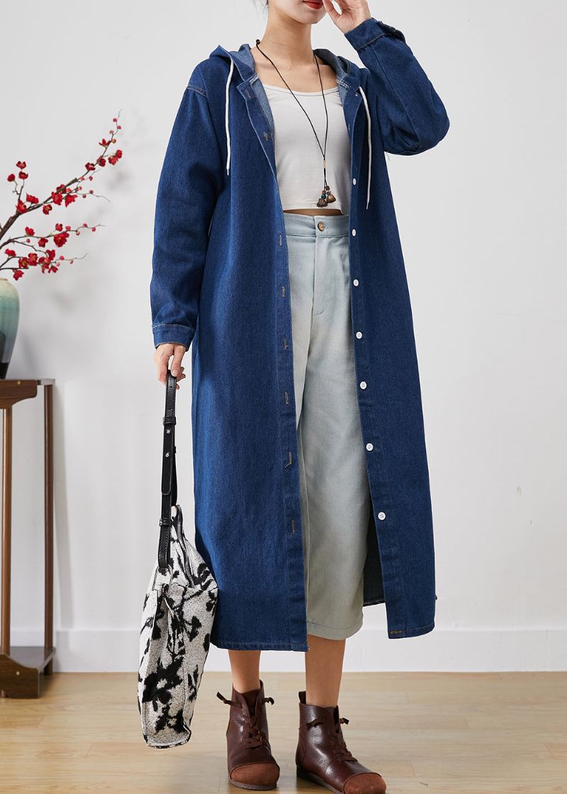 Enkel Blå Hette Button Down Denim Trench Coats Fall