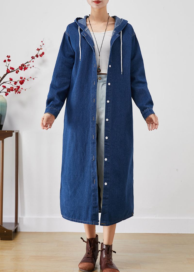 Enkel Blå Hette Button Down Denim Trench Coats Fall - Trenchcoats for kvinner