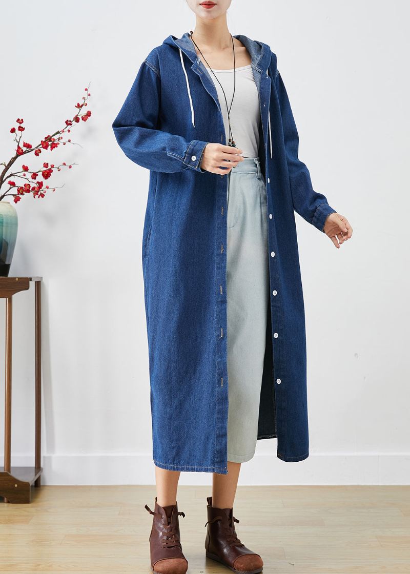 Enkel Blå Hette Button Down Denim Trench Coats Fall - Trenchcoats for kvinner