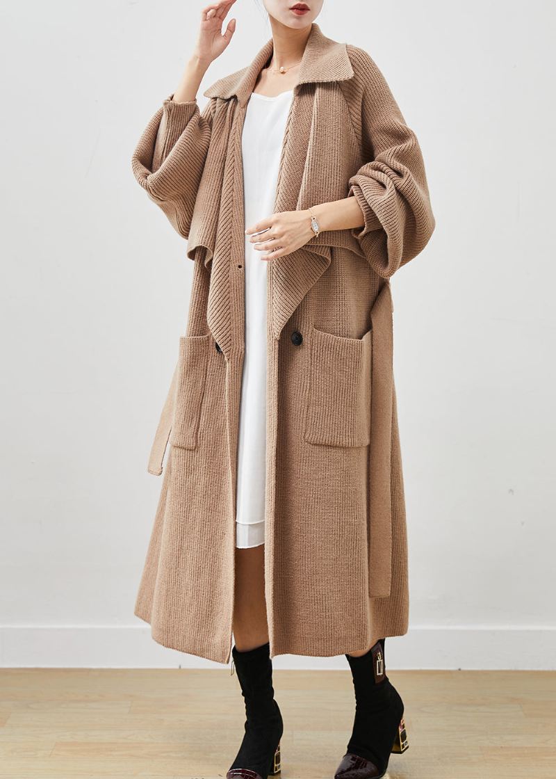 Enkel Khaki Hakk Oversized Lommer Strikk Trench Spring - Trenchcoats for kvinner