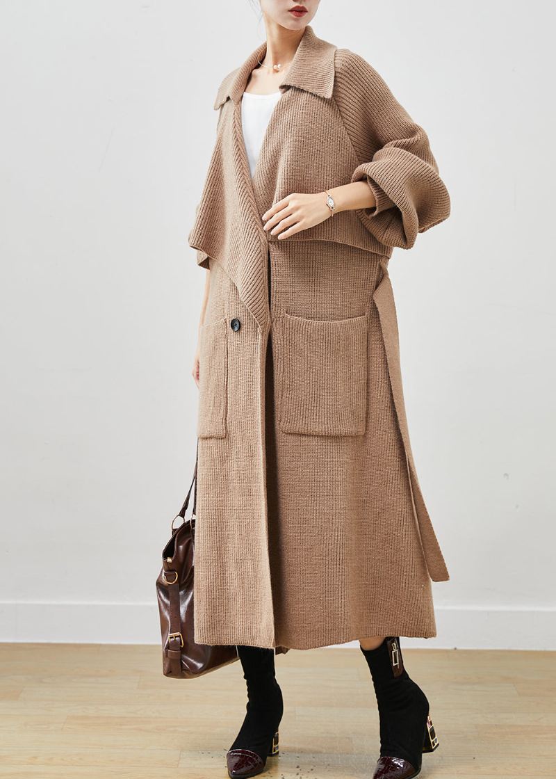 Enkel Khaki Hakk Oversized Lommer Strikk Trench Spring - Trenchcoats for kvinner