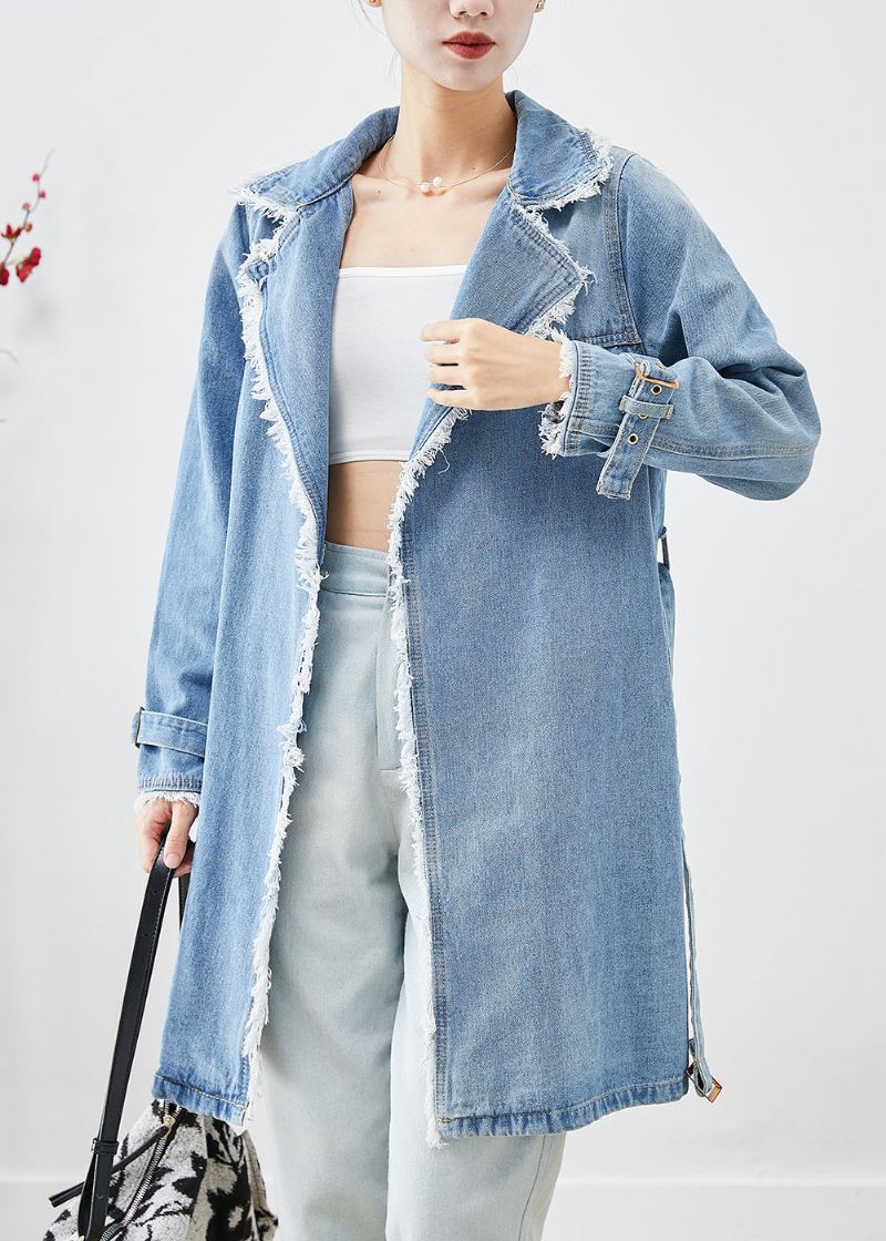 Enkel Lyseblå Jakkeslag Dusket Denim Trench Fall