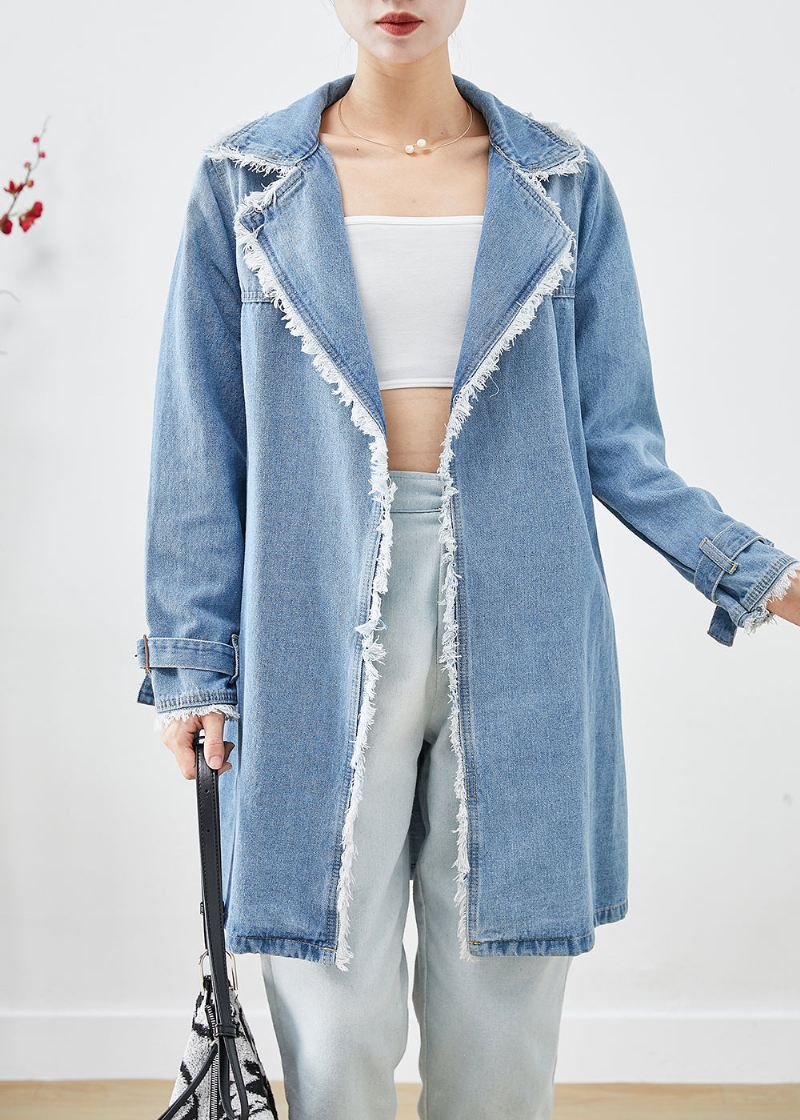 Enkel Lyseblå Jakkeslag Dusket Denim Trench Fall - Trenchcoats for kvinner