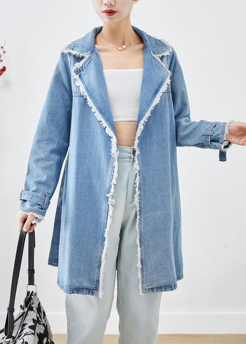 Enkel Lyseblå Jakkeslag Dusket Denim Trench Fall - Trenchcoats for kvinner