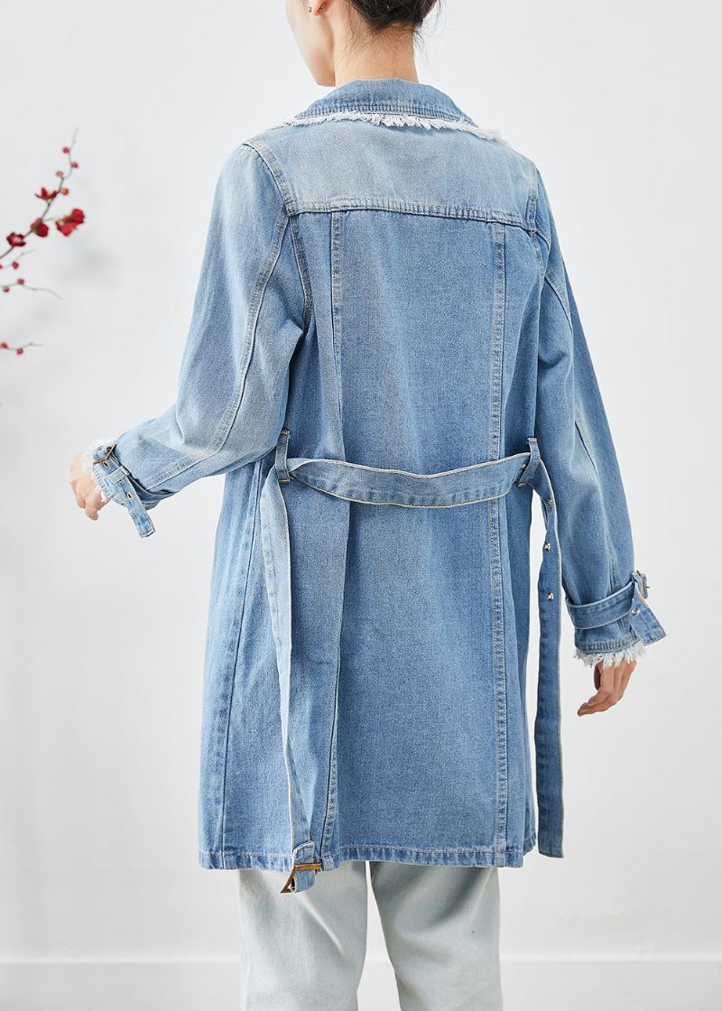 Enkel Lyseblå Jakkeslag Dusket Denim Trench Fall - Trenchcoats for kvinner