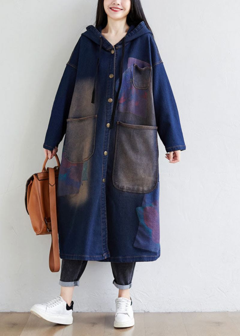 Enkel Mørkeblå Snøring Hettelommer Print Denim Trench Coats Spring