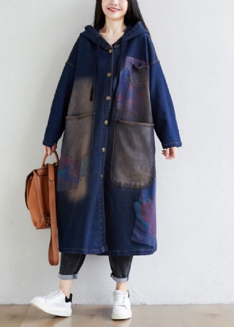 Enkel Mørkeblå Snøring Hettelommer Print Denim Trench Coats Spring