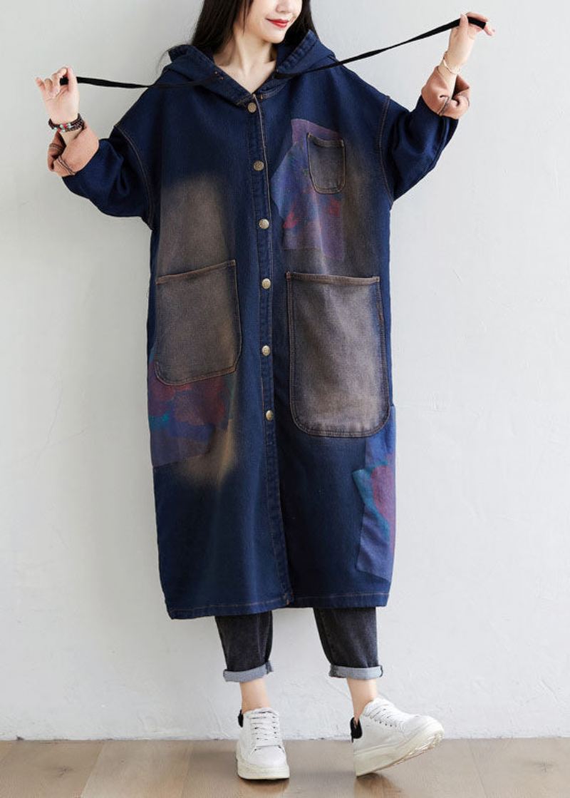 Enkel Mørkeblå Snøring Hettelommer Print Denim Trench Coats Spring - Trenchcoats for kvinner