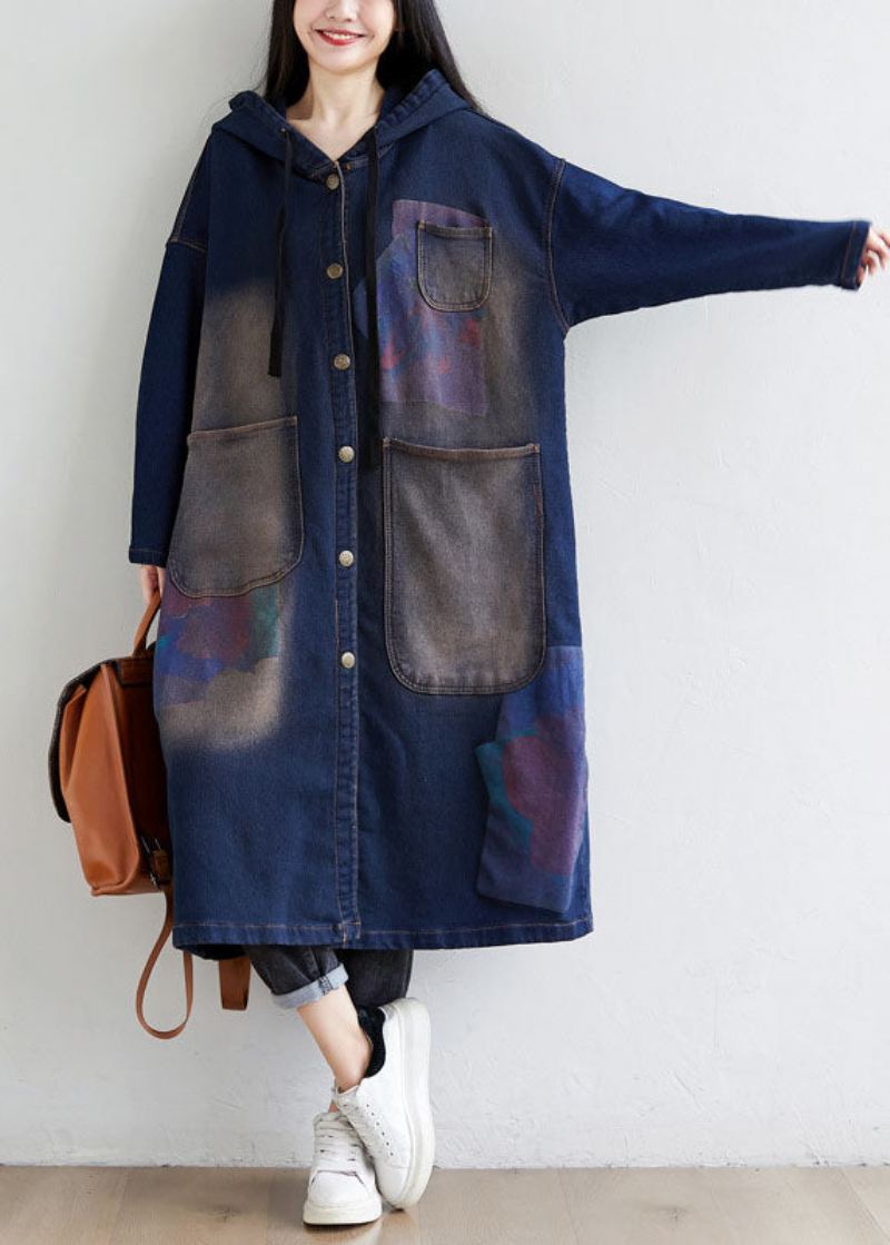 Enkel Mørkeblå Snøring Hettelommer Print Denim Trench Coats Spring - Trenchcoats for kvinner