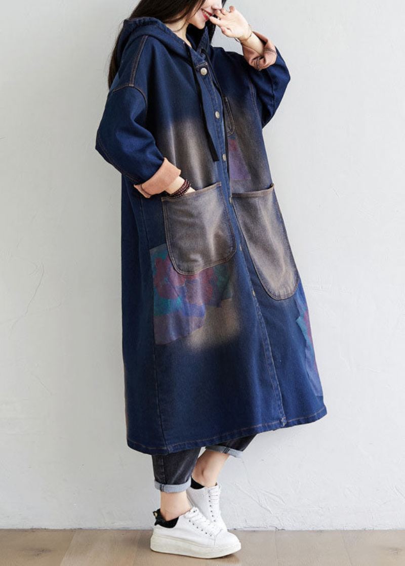 Enkel Mørkeblå Snøring Hettelommer Print Denim Trench Coats Spring - Trenchcoats for kvinner