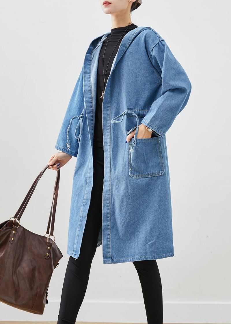 Enkle Blå Cinched Hettelommer Denim Trench Fall