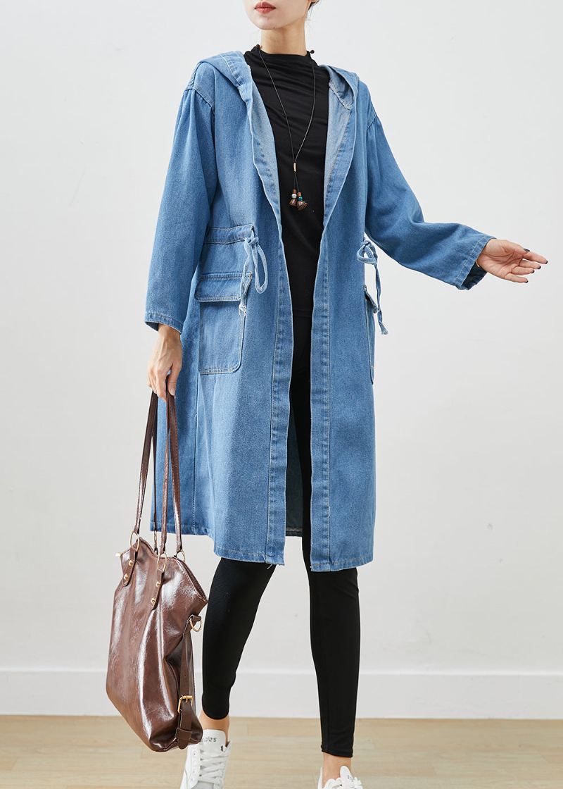 Enkle Blå Cinched Hettelommer Denim Trench Fall - Trenchcoats for kvinner