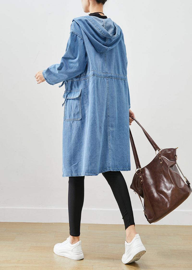 Enkle Blå Cinched Hettelommer Denim Trench Fall - Trenchcoats for kvinner