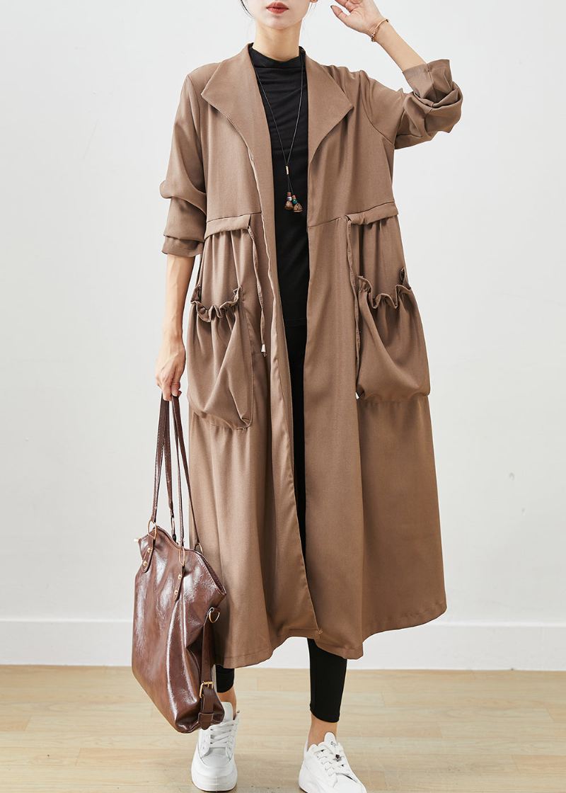 Enkle Kaffe Cinched Ruffled Lommer Cotton Coat Fall - Trenchcoats for kvinner