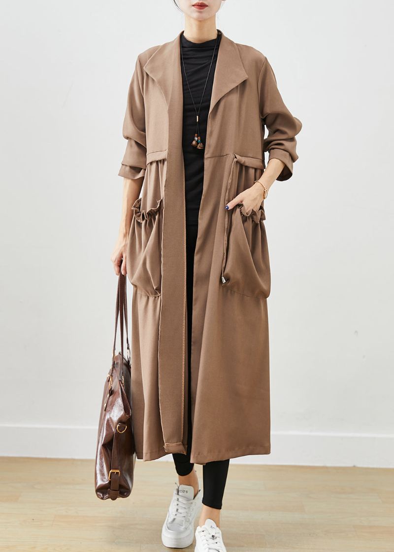 Enkle Kaffe Cinched Ruffled Lommer Cotton Coat Fall - Trenchcoats for kvinner