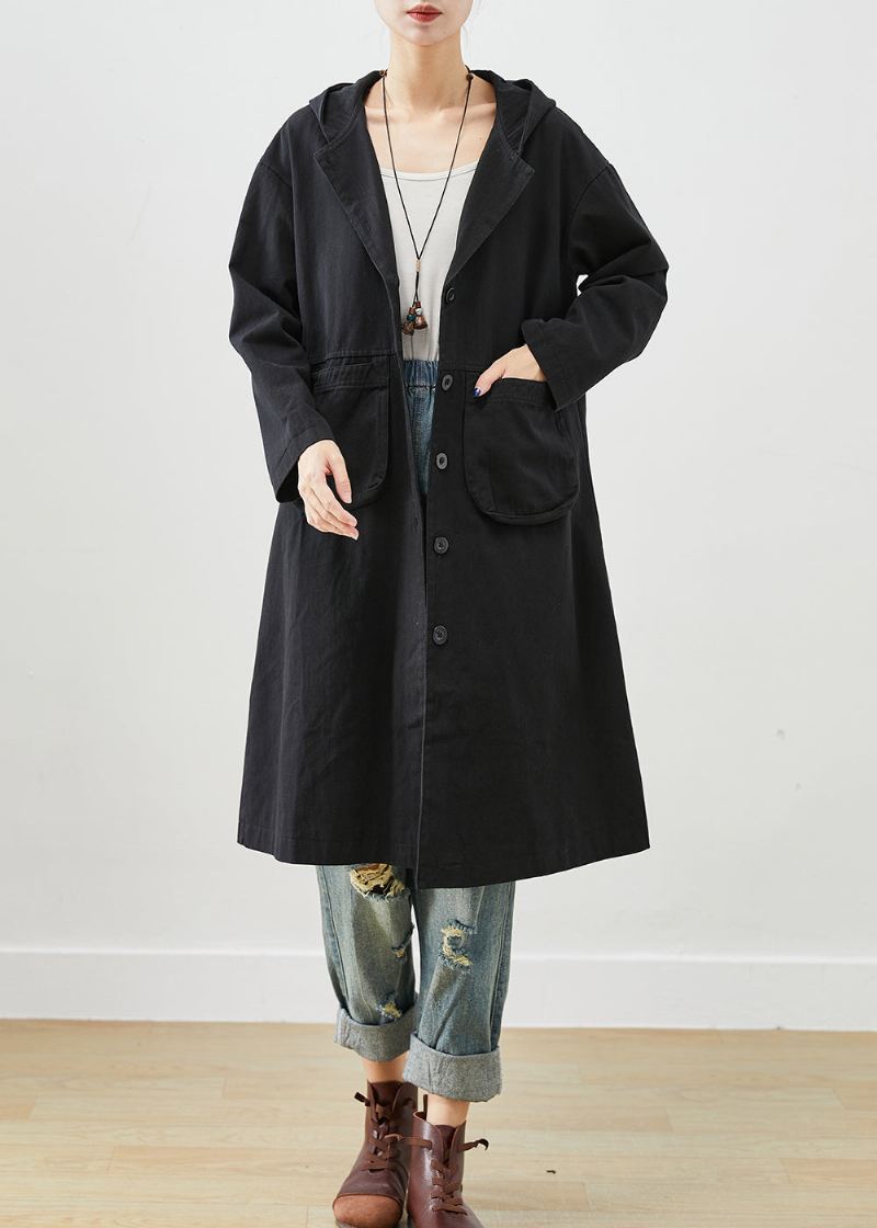 Enkle Svarte Hettelommer Cotton Trench Fall - Trenchcoats for kvinner