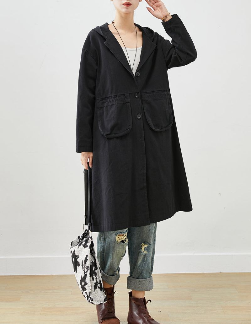 Enkle Svarte Hettelommer Cotton Trench Fall - Trenchcoats for kvinner