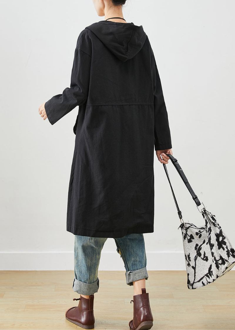 Enkle Svarte Hettelommer Cotton Trench Fall - Trenchcoats for kvinner