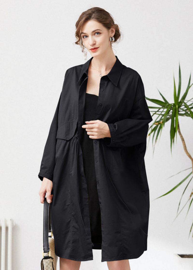 Enkle Svarte Overdimensjonerte Snørelommer Cotton Trench Spring