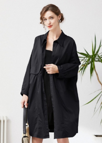 Enkle Svarte Overdimensjonerte Snørelommer Cotton Trench Spring