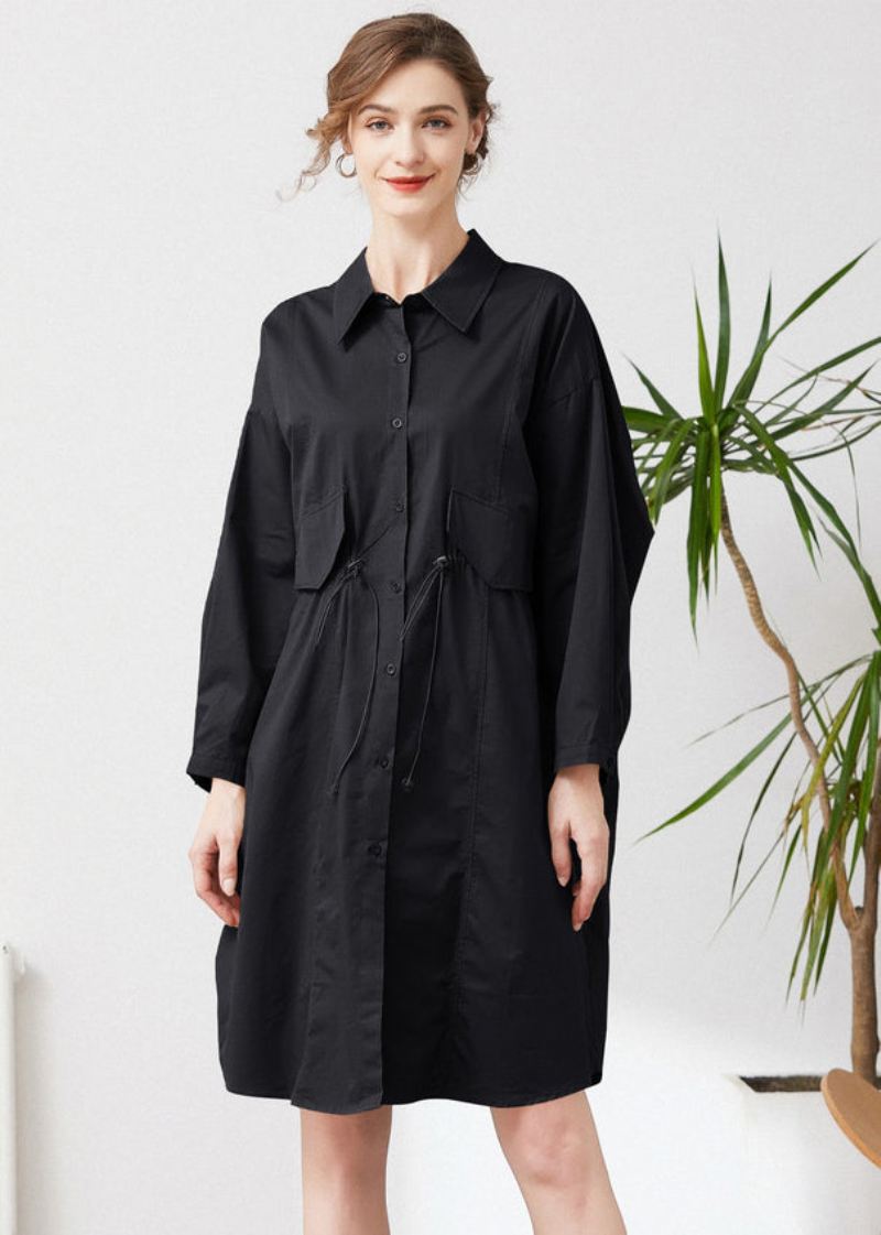 Enkle Svarte Overdimensjonerte Snørelommer Cotton Trench Spring - Trenchcoats for kvinner