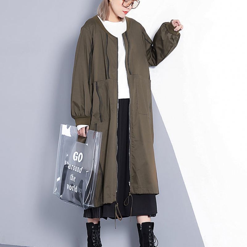 Fin Armygrønn Kåpe Plus Size Stativ Krage Lang Ny Cinched Baggy Trenchcoat