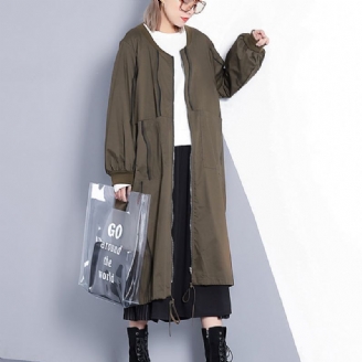 Fin Armygrønn Kåpe Plus Size Stativ Krage Lang Ny Cinched Baggy Trenchcoat