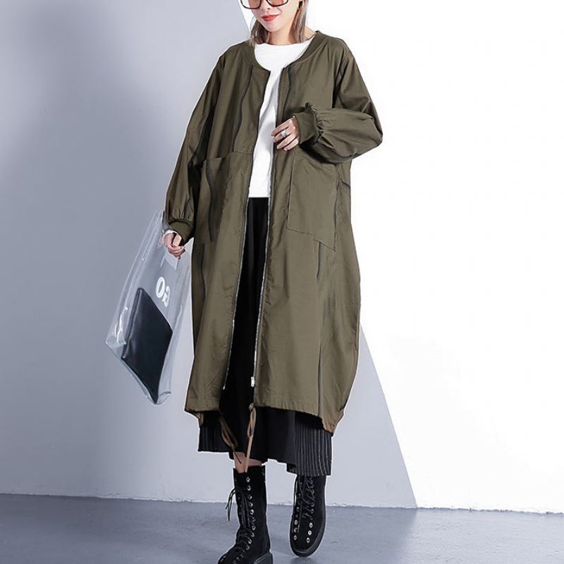 Fin Armygrønn Kåpe Plus Size Stativ Krage Lang Ny Cinched Baggy Trenchcoat - Grønn