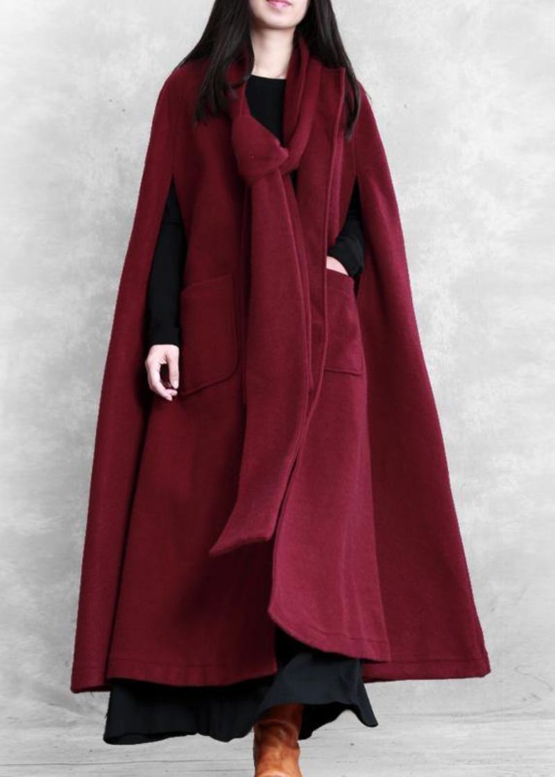 Fin Burgunder Ullfrakk Dame Oversize Vinterkåpe Batwing Sleeve Stor Fald - Trenchcoats for kvinner