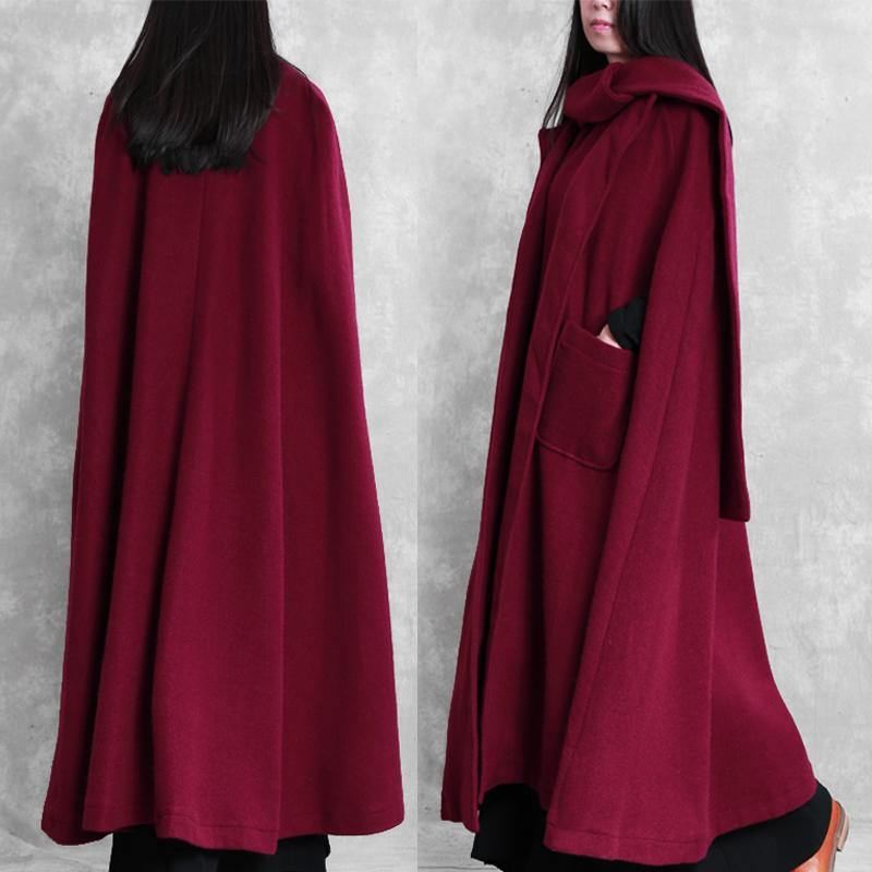 Fin Burgunder Ullfrakk Dame Oversize Vinterkåpe Batwing Sleeve Stor Fald - Trenchcoats for kvinner