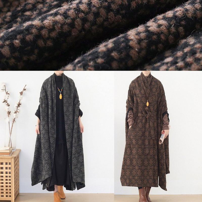 Fin Grå Ullfrakk Løssittende Middels Lengde Batwing Sleeve V-hals Damefrakker - Trenchcoats for kvinner