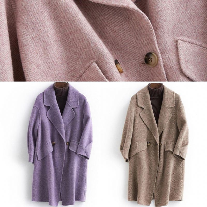 Fin Rosa Ullfrakk Med Hakk For Kvinner Oversize Mellomlange Lommer Kåper - Trenchcoats for kvinner