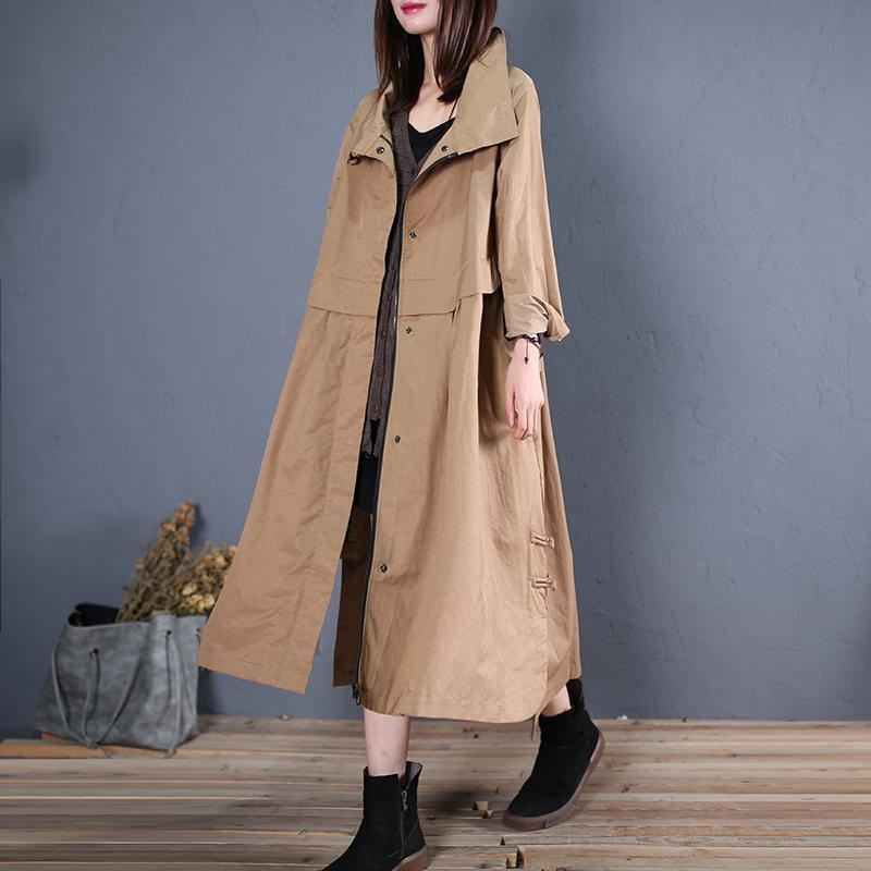 Fine Plus Size Lange Kåper Fall Outwear Khaki Side Åpne - Trenchcoats for kvinner