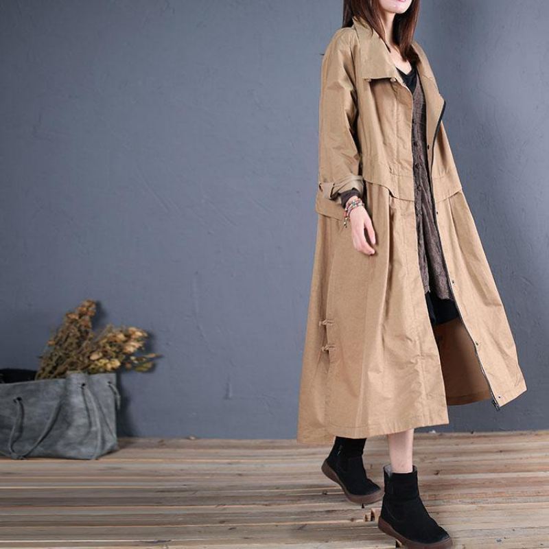 Fine Plus Size Lange Kåper Fall Outwear Khaki Side Åpne - Trenchcoats for kvinner