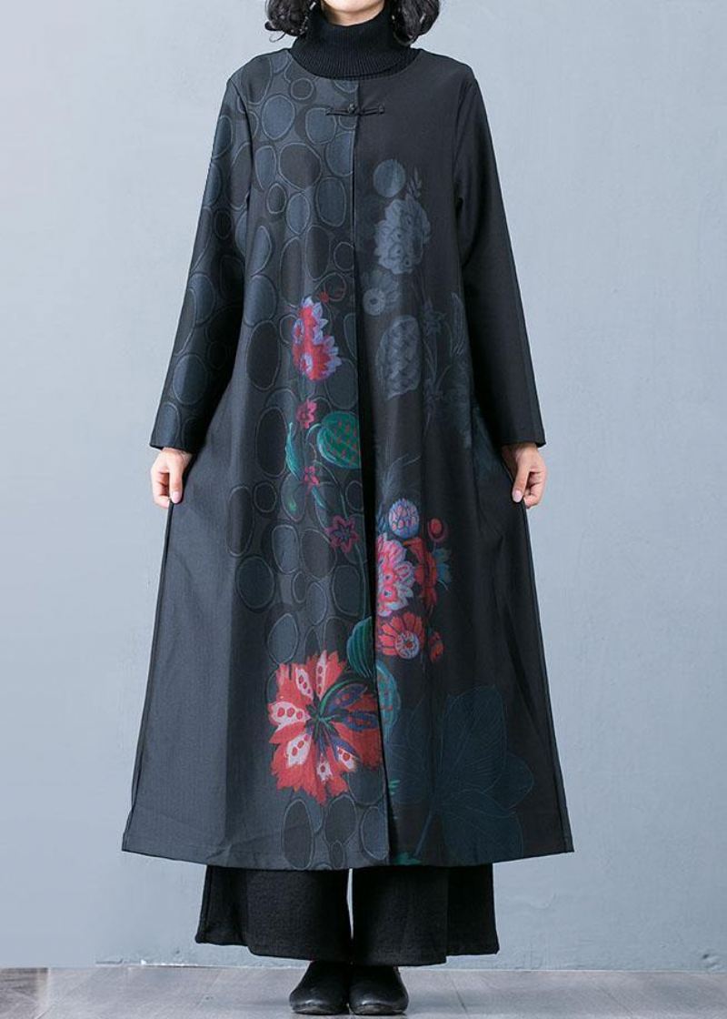 Fine Svarte Trykk Overfrakk Trendy Plus Size Lange Jakker Fall Trenchcoats Kinesisk Knapp - Grønn