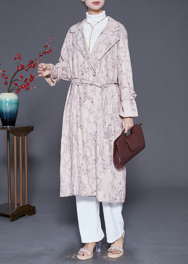 Fint Beige Print Dobbel Bryst Bomull Trenchcoat Høst - Trenchcoats for kvinner